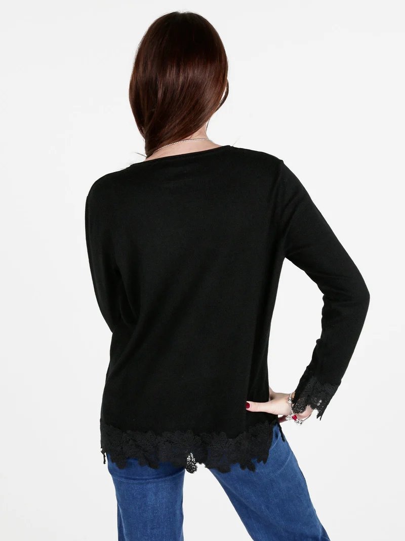 Maglia girocollo da donna con dettagli in pizzo - nero