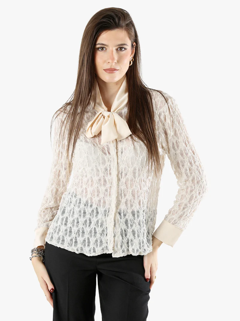 Camicia donna in pizzo a maniche lunghe con dettagli effetto raso - beige