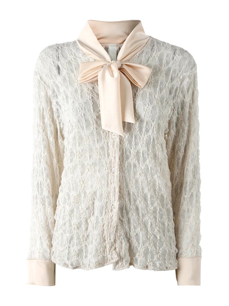 Camicia donna in pizzo a maniche lunghe con dettagli effetto raso - beige