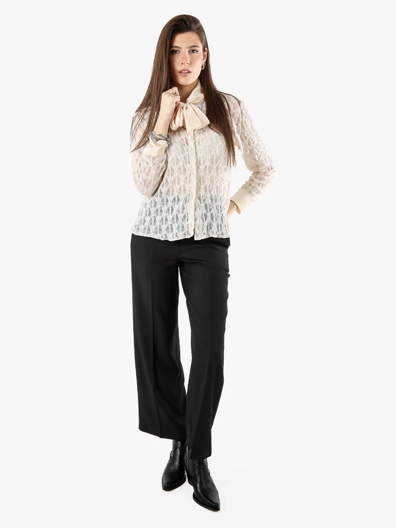 Camicia donna in pizzo a maniche lunghe con dettagli effetto raso - beige