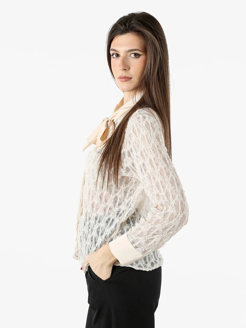 Camicia donna in pizzo a maniche lunghe con dettagli effetto raso - beige
