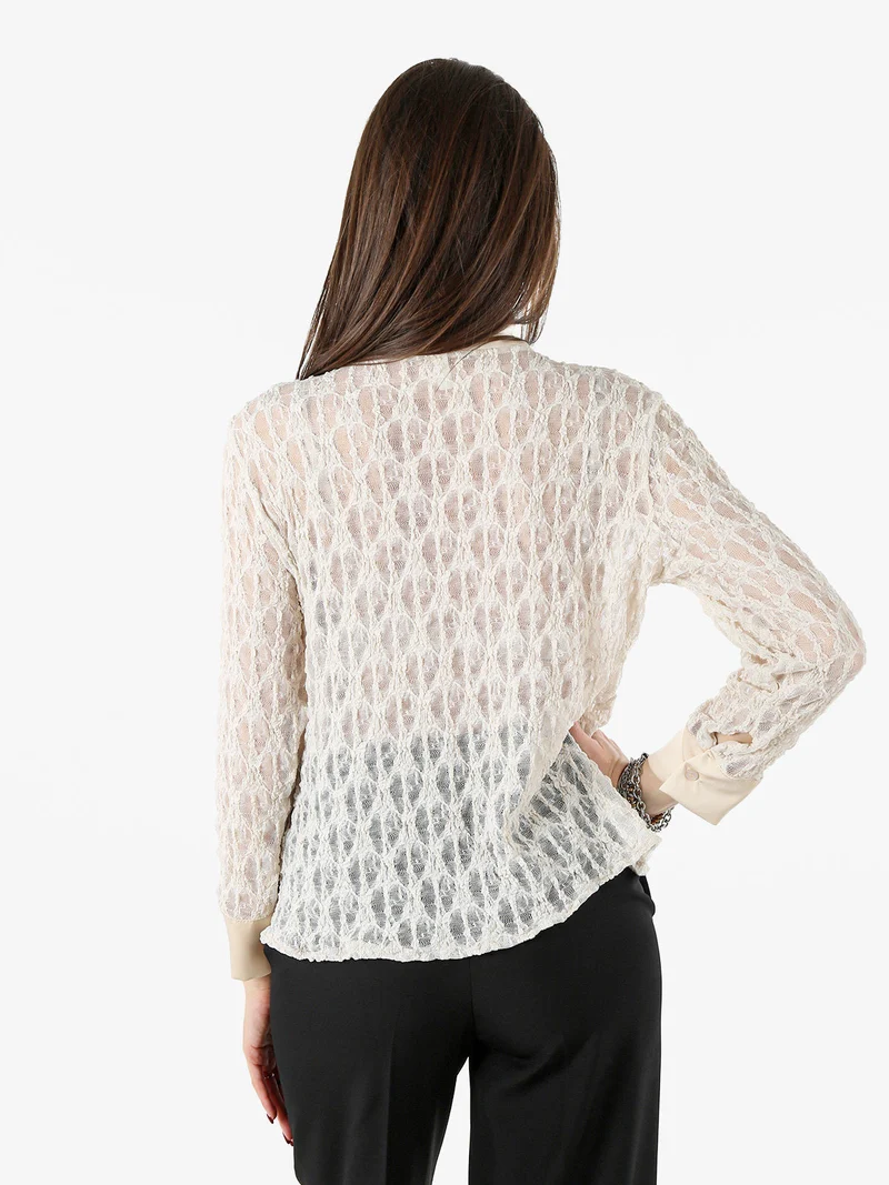 Camicia donna in pizzo a maniche lunghe con dettagli effetto raso - beige