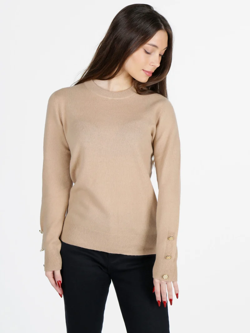 Maglione donna in misto lana e cashemere con bottoni decorativi - cammello