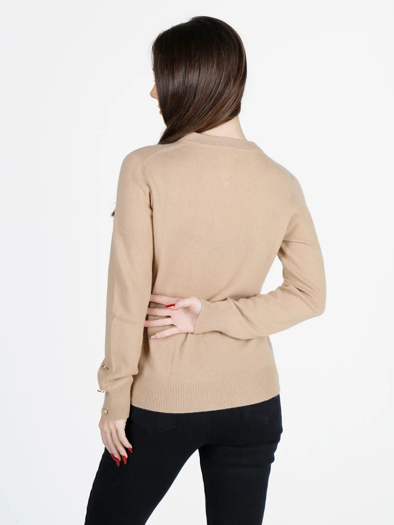 Maglione donna in misto lana e cashemere con bottoni decorativi - cammello