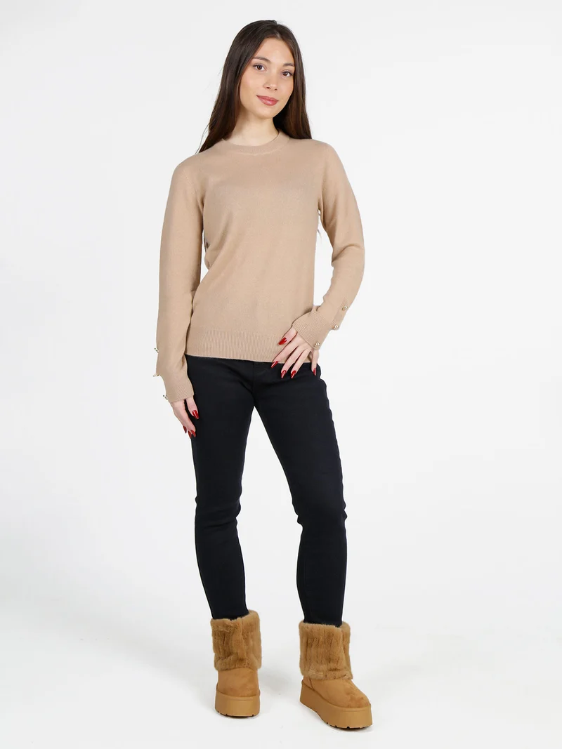Maglione donna in misto lana e cashemere con bottoni decorativi - cammello