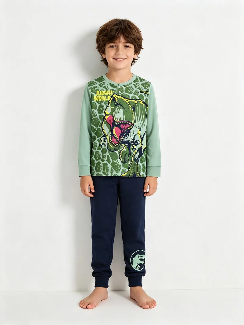 Jurassic world pigiama lungo da bambino in cotone - verde