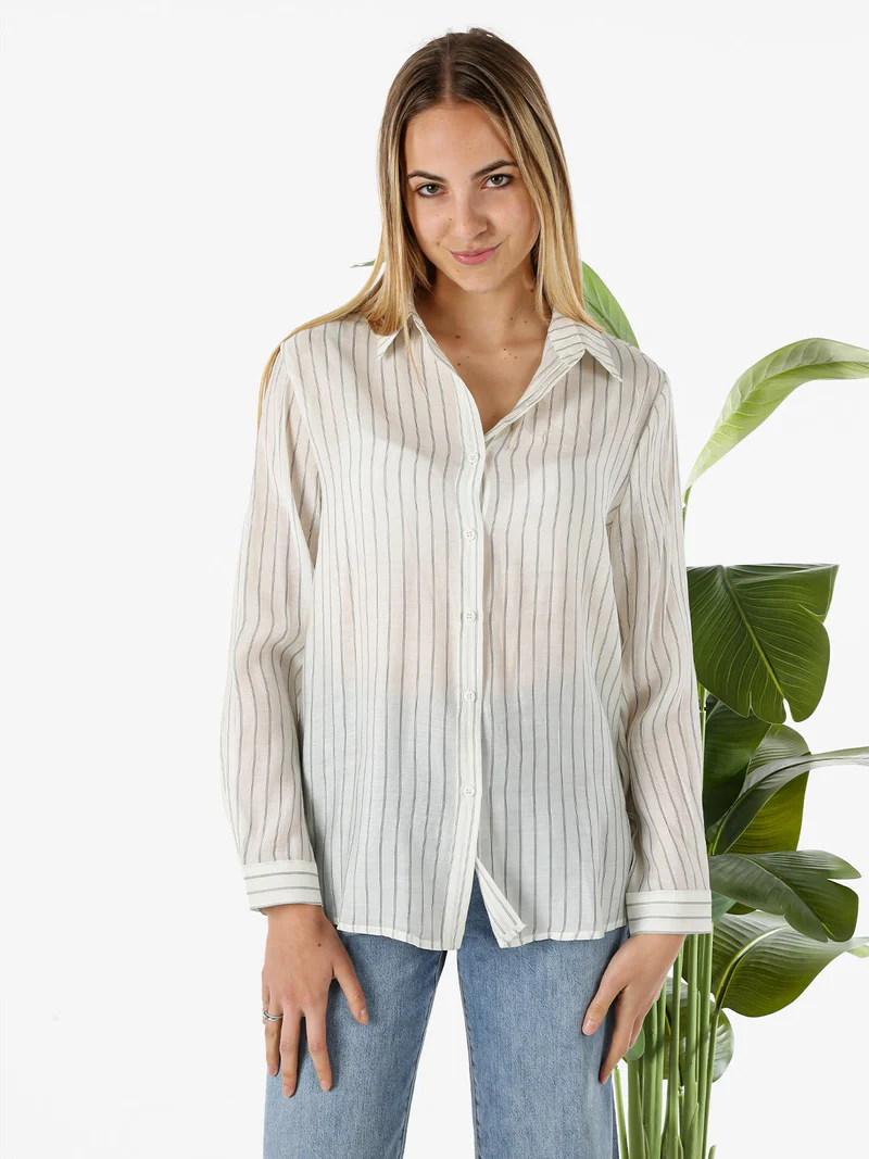Camicia donna a maniche lunghe con stampa a righe - panna
