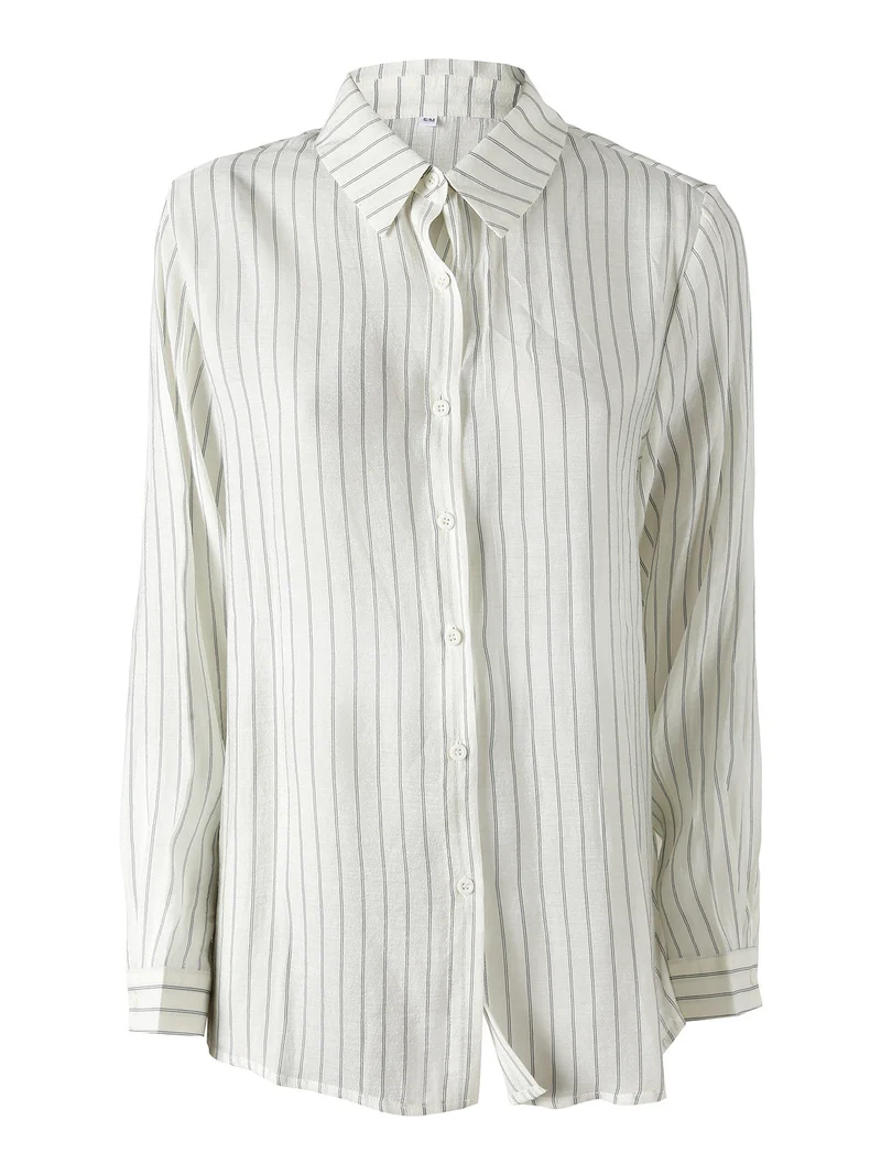Camicia donna a maniche lunghe con stampa a righe - panna