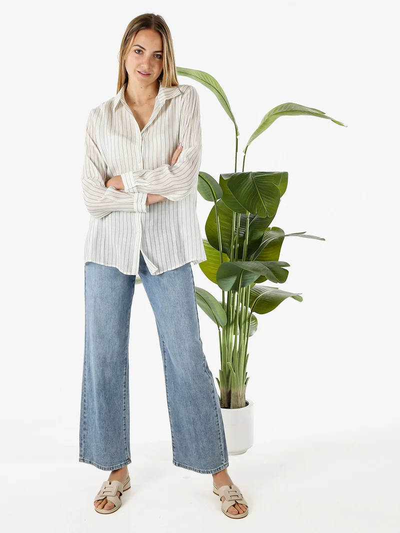 Camicia donna a maniche lunghe con stampa a righe - panna