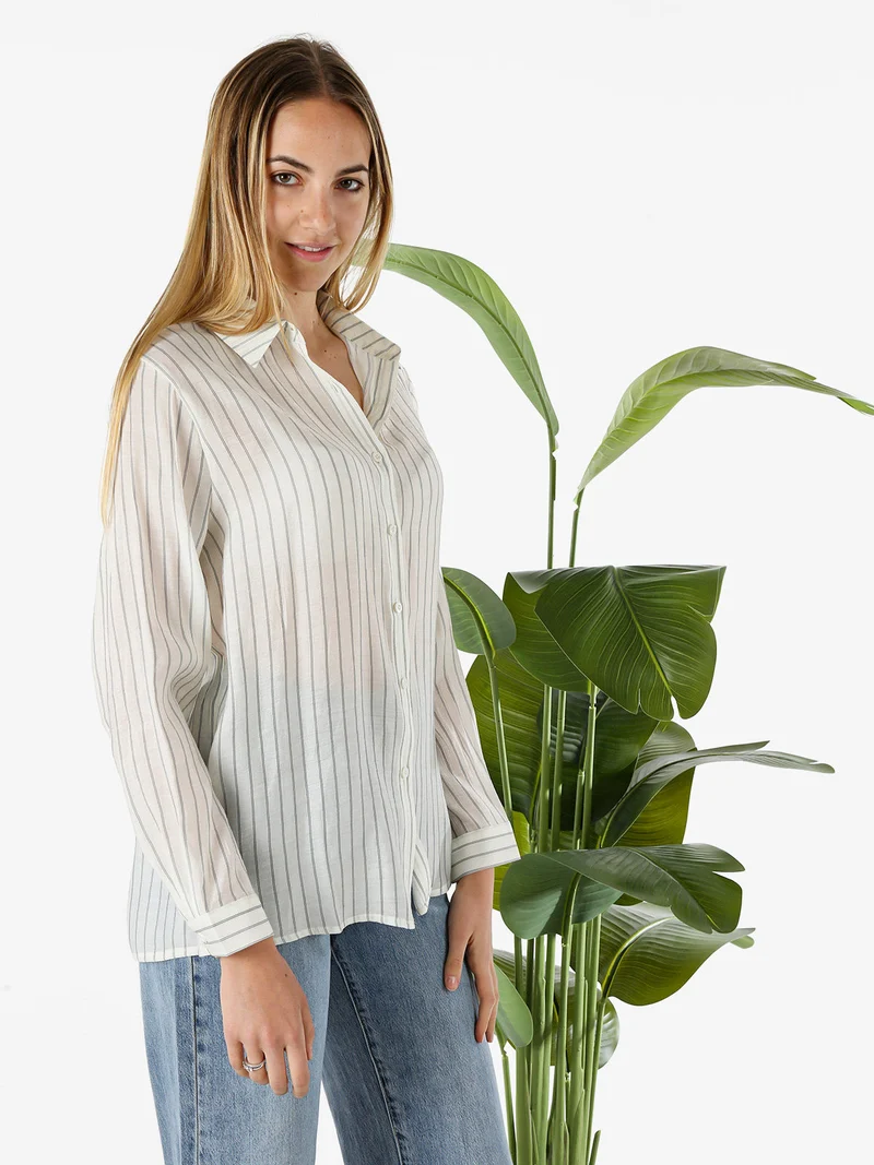 Camicia donna a maniche lunghe con stampa a righe - panna