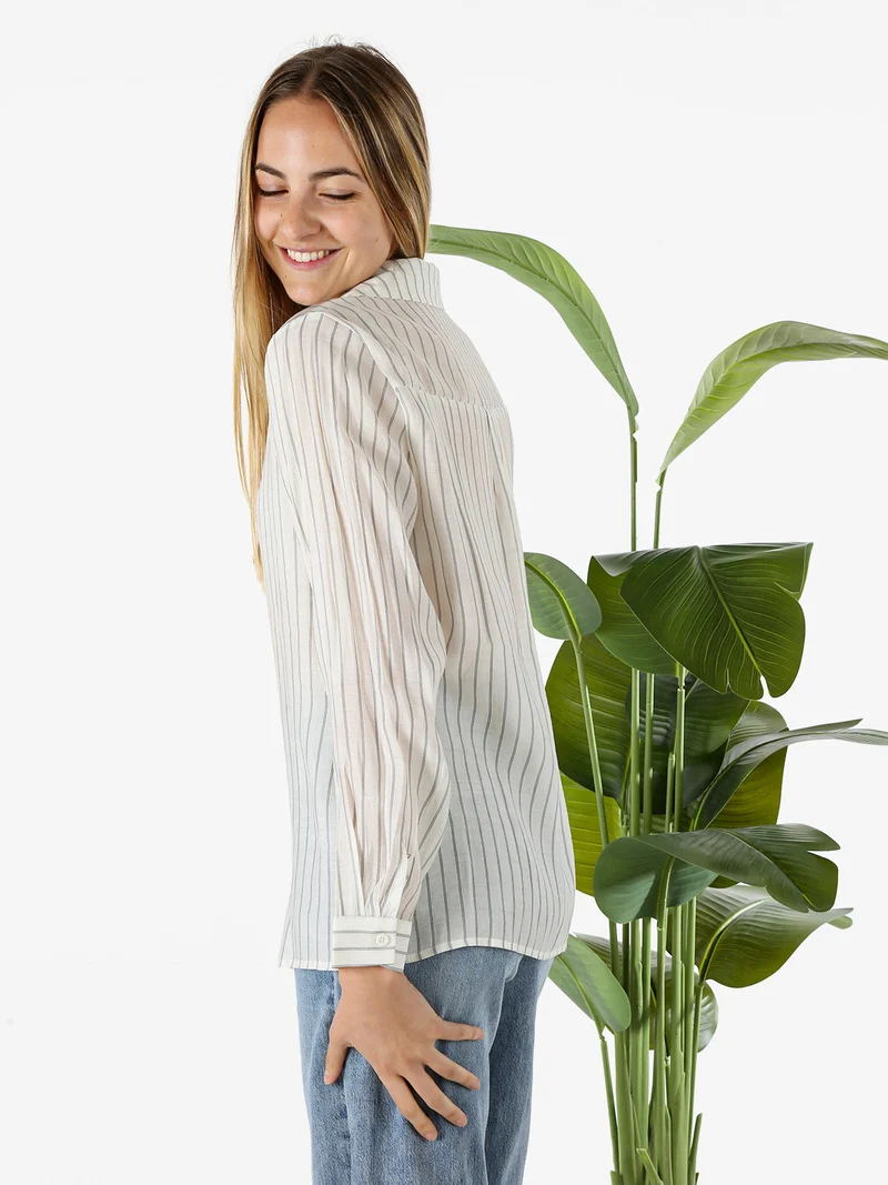 Camicia donna a maniche lunghe con stampa a righe - panna