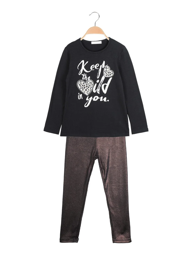 Completo da bambina 2 pezzi con leggings felpato - nero