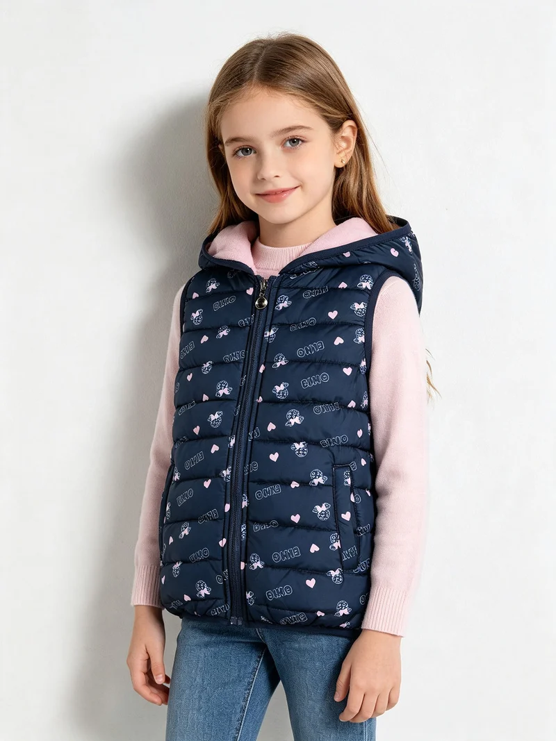Giubbino smanicato da bambina con cappuccio e zip - blu scuro