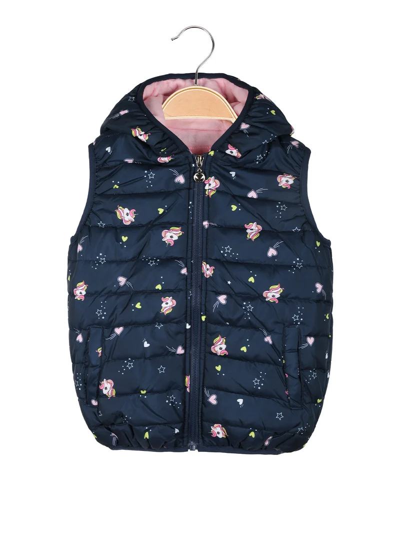 Giubbino smanicato da bambina con cappuccio e zip - blu scuro
