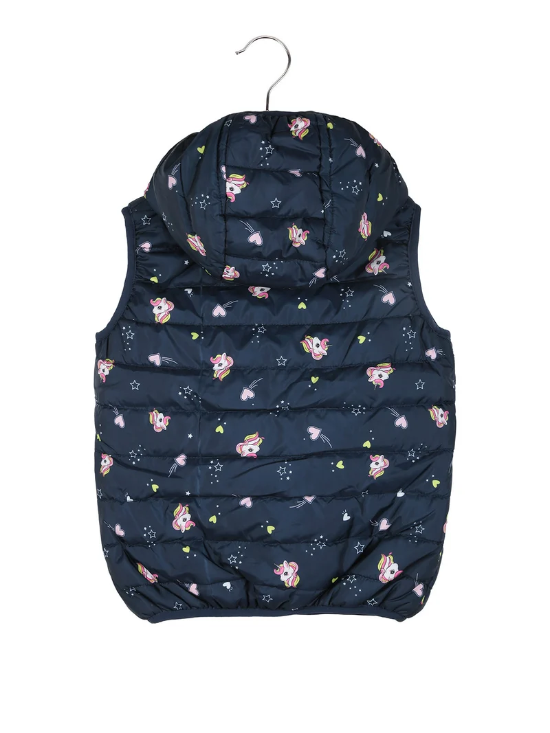 Giubbino smanicato da bambina con cappuccio e zip - blu scuro