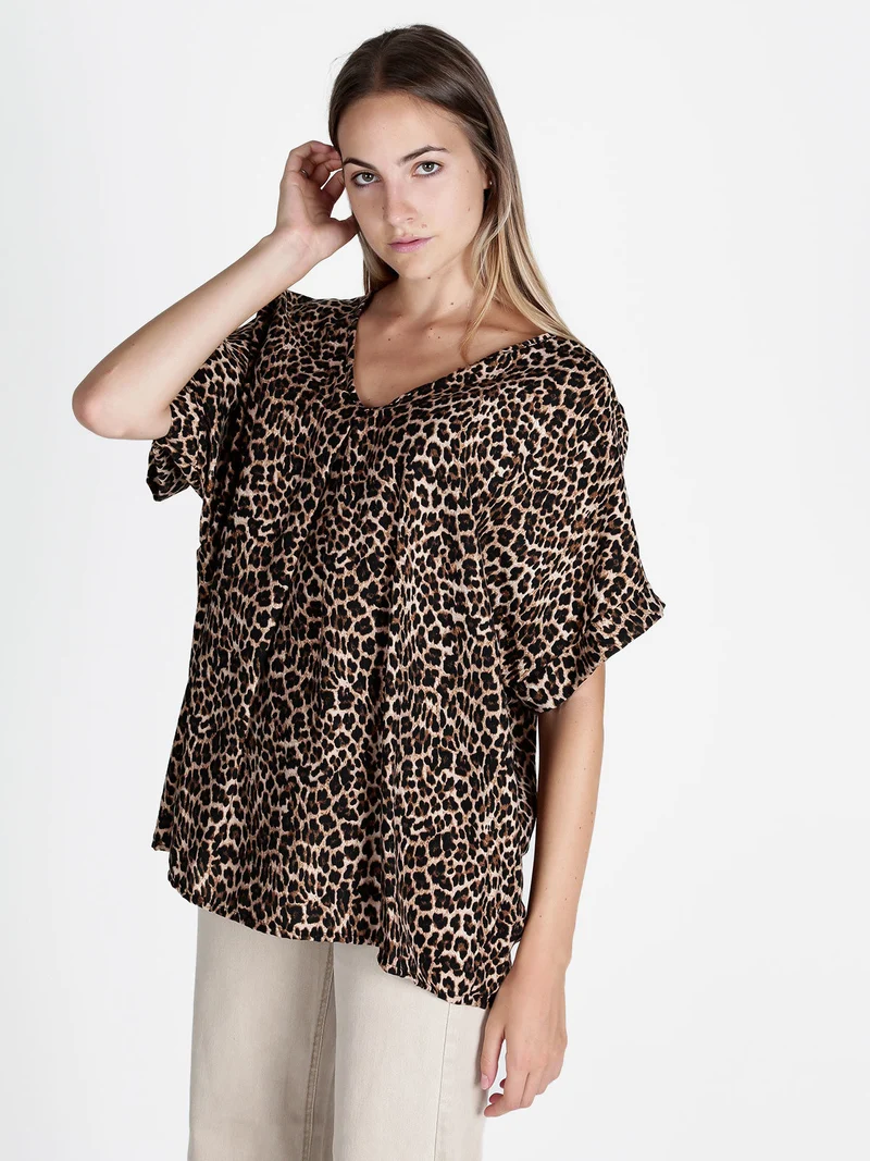 Blusa donna maculata oversize a maniche corte - marrone