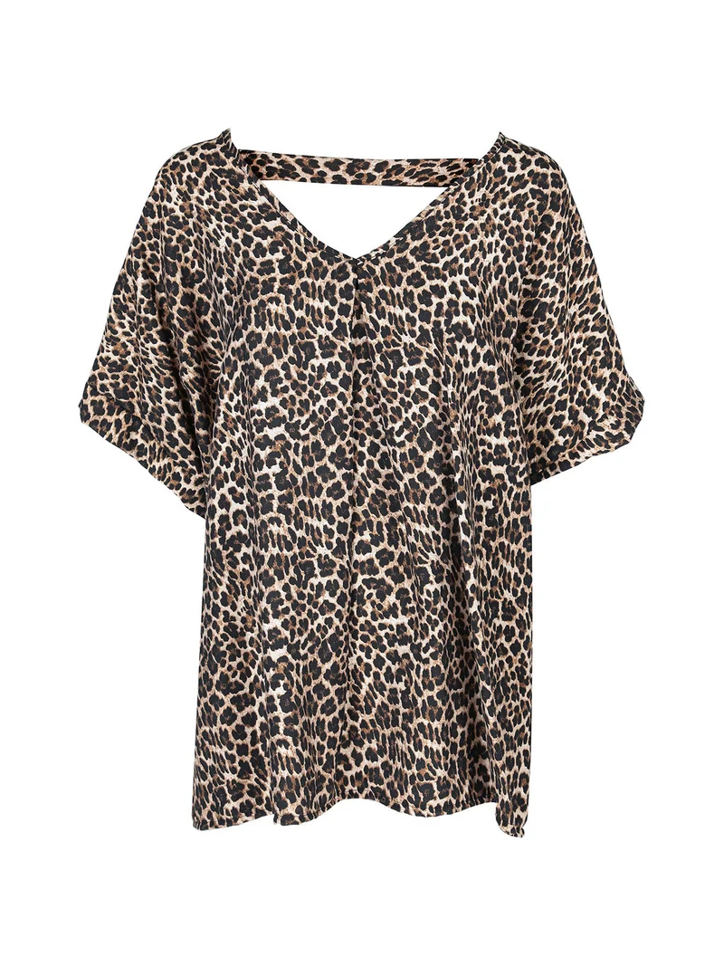 Blusa donna maculata oversize a maniche corte - marrone