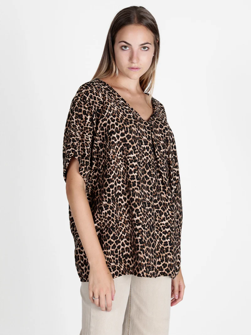 Blusa donna maculata oversize a maniche corte - marrone
