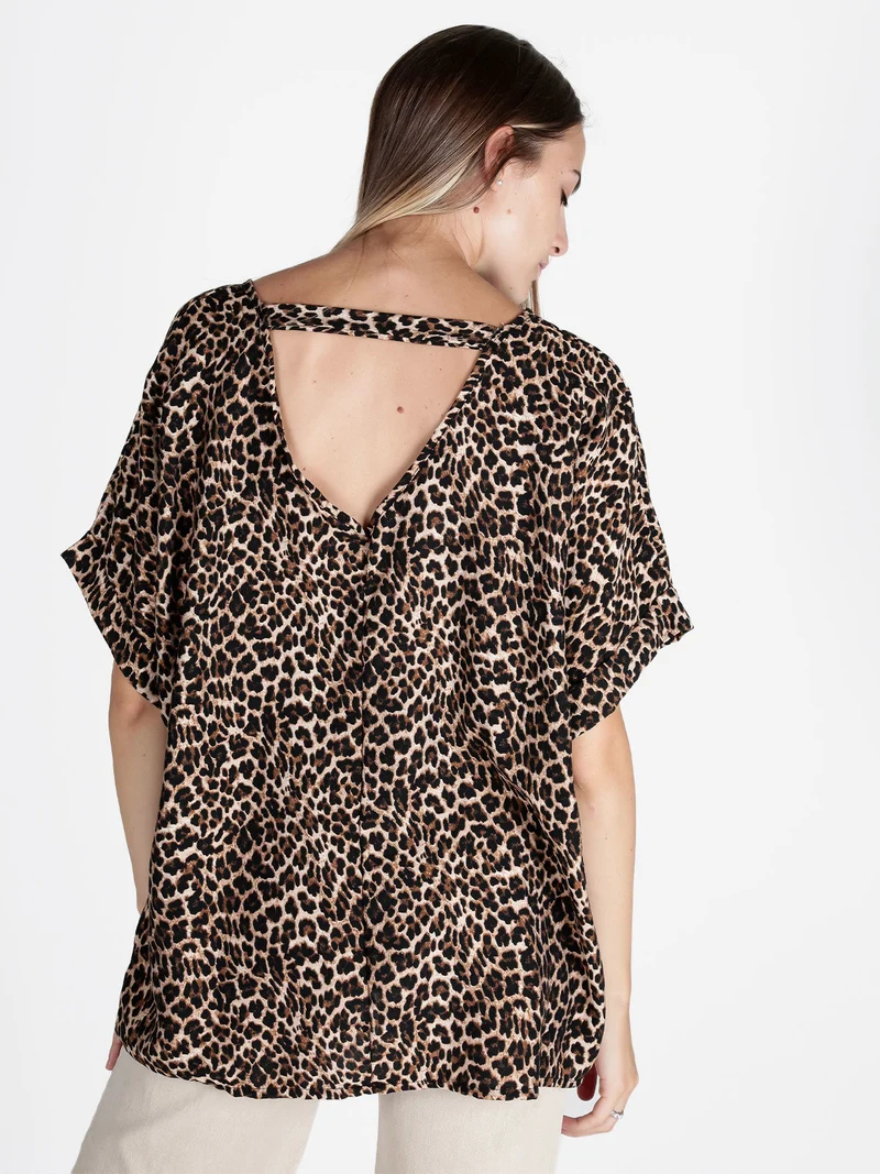 Blusa donna maculata oversize a maniche corte - marrone