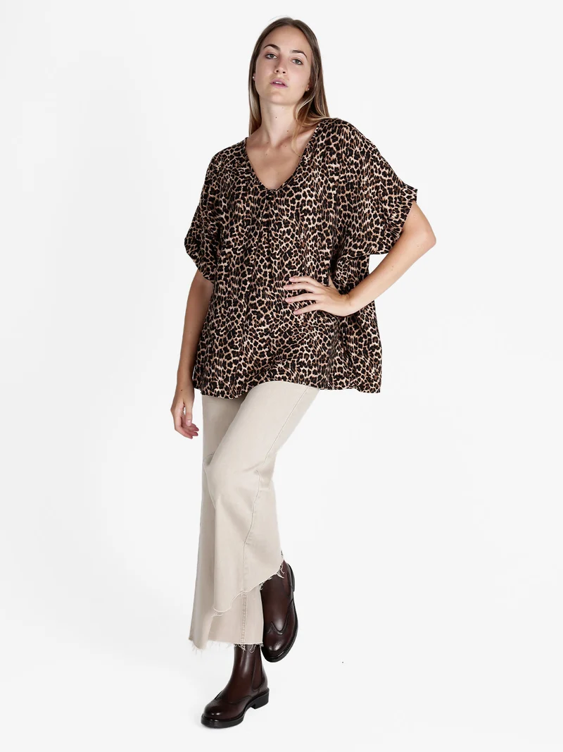 Blusa donna maculata oversize a maniche corte - marrone