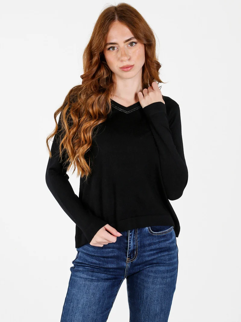Pullover donna in maglia con scollo a V - nero