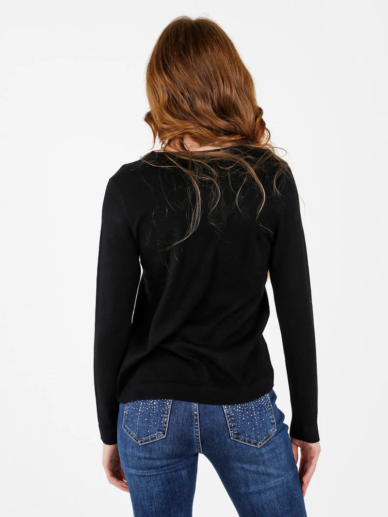 Pullover donna in maglia con scollo a V - nero