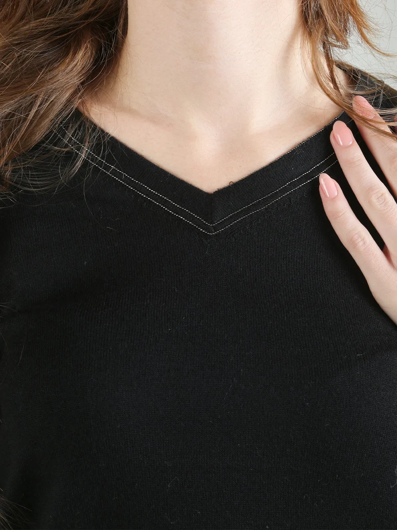 Pullover donna in maglia con scollo a V - nero