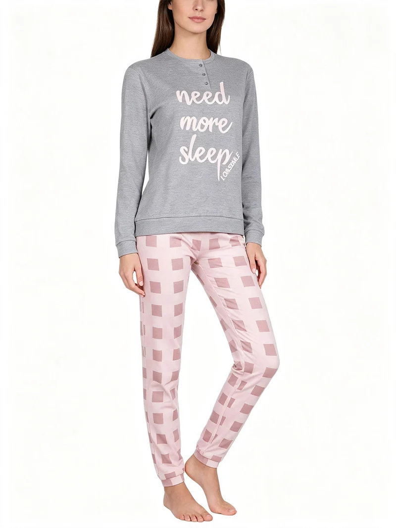 Pigiama lungo donna in cotone con stampe - grigio