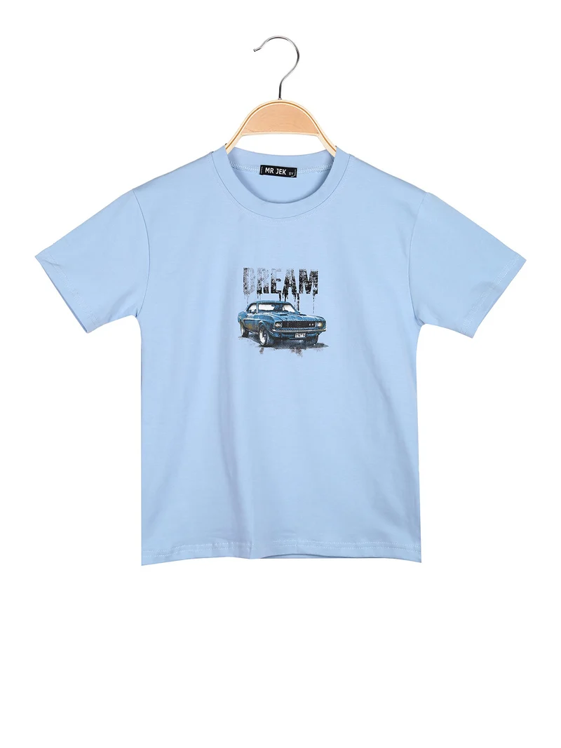 T-shirt da ragazzo in cotone con stampa davanti e dietro - azzurro