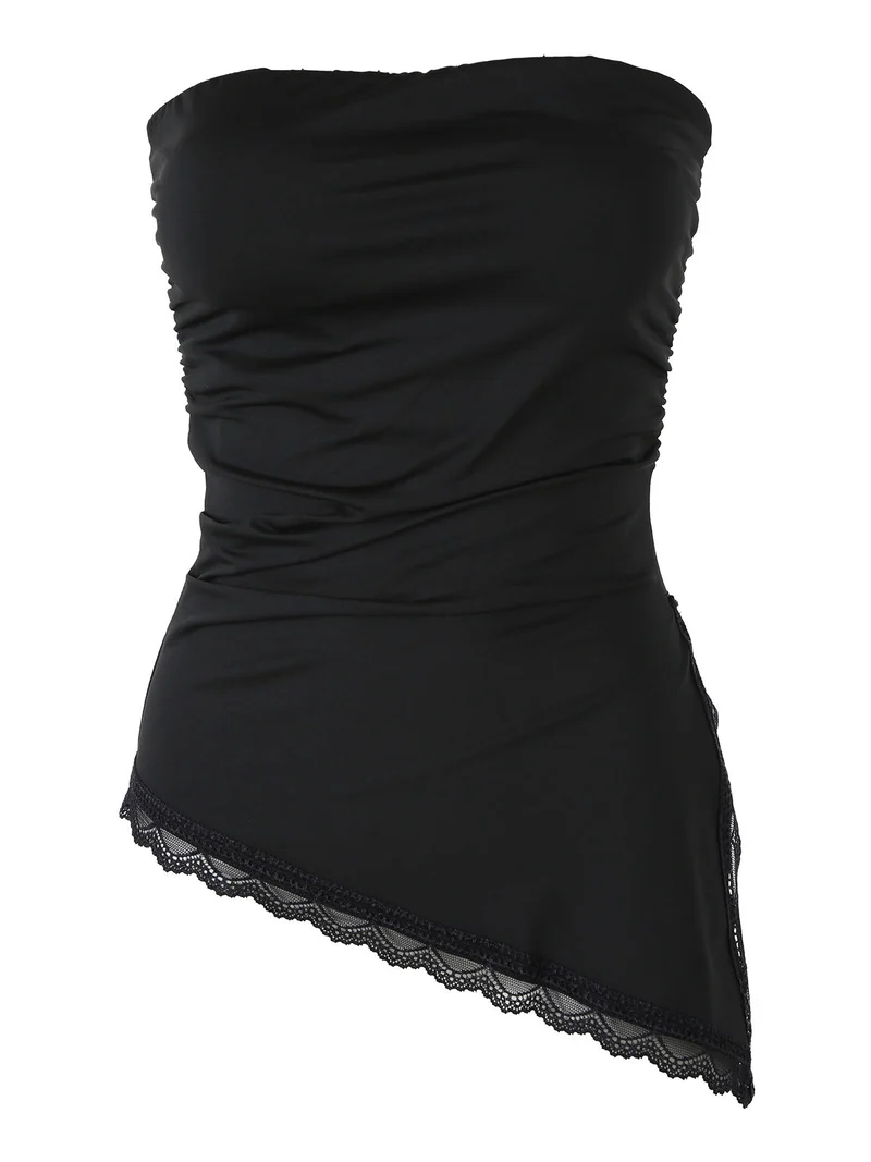 Top donna asimmetrico con scollo a fascia e bordo finale in pizzo - nero