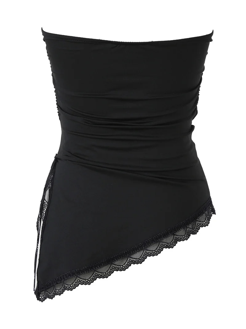 Top donna asimmetrico con scollo a fascia e bordo finale in pizzo - nero
