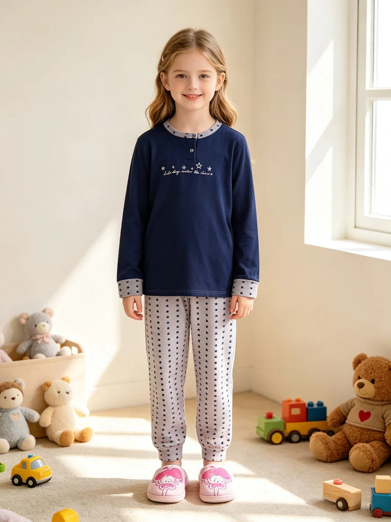 Pigiama lungo in cotone con stelle - blu