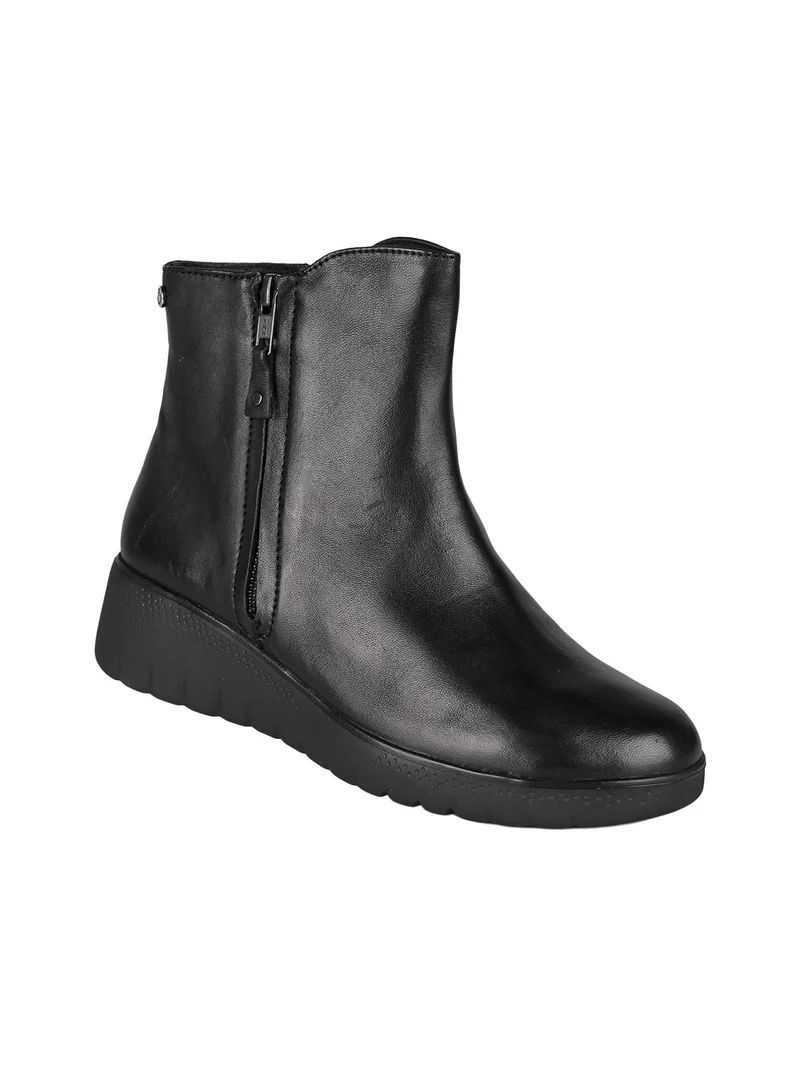 Stivaletti donna in pelle con zeppa e doppia zip - nero