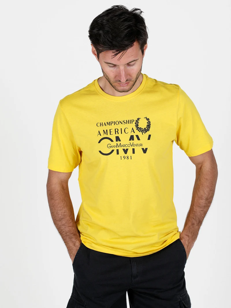 T-shirt girocollo da uomo in cotone con stampa scritta - giallo