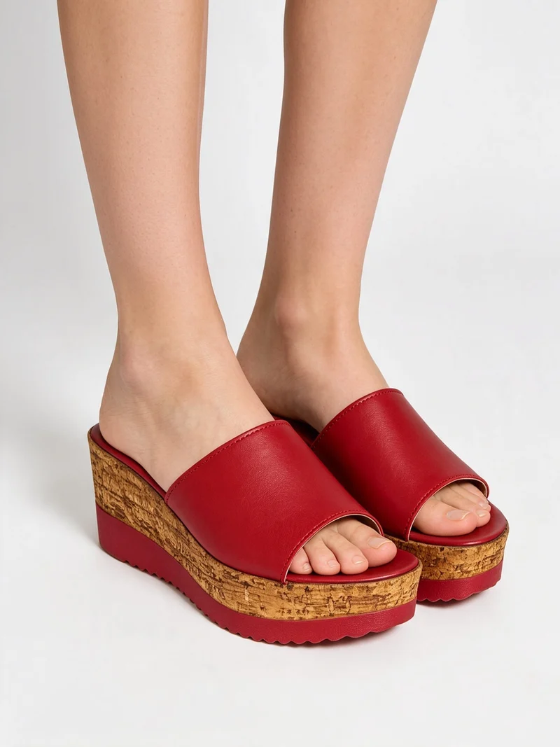 Ciabatte donna in pelle con zeppa e plateau - rosso