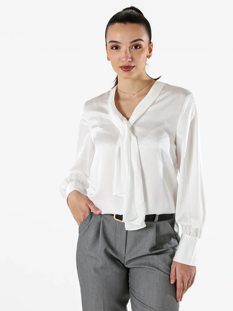 Blusa donna a maniche lunghe in tessuto simil raso - bianco