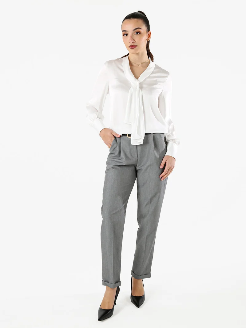 Blusa donna a maniche lunghe in tessuto simil raso - bianco