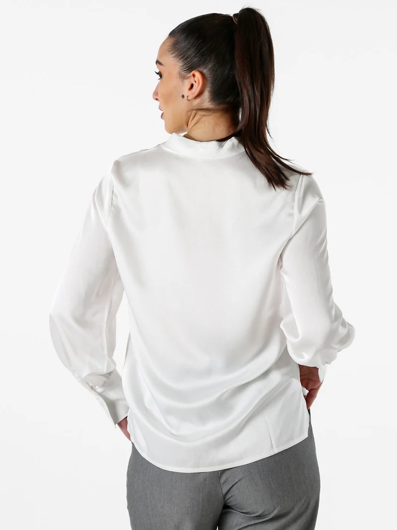 Blusa donna a maniche lunghe in tessuto simil raso - bianco