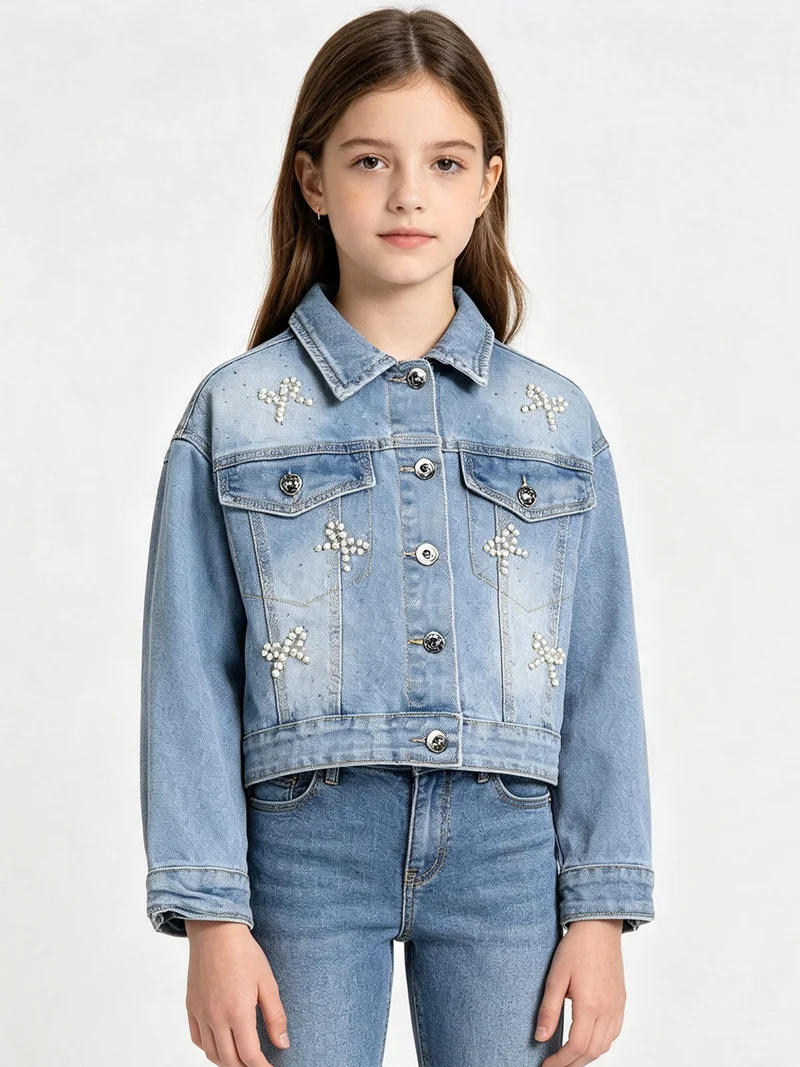 Giacca cropped da bambina in jeans con perle e strass - jeans