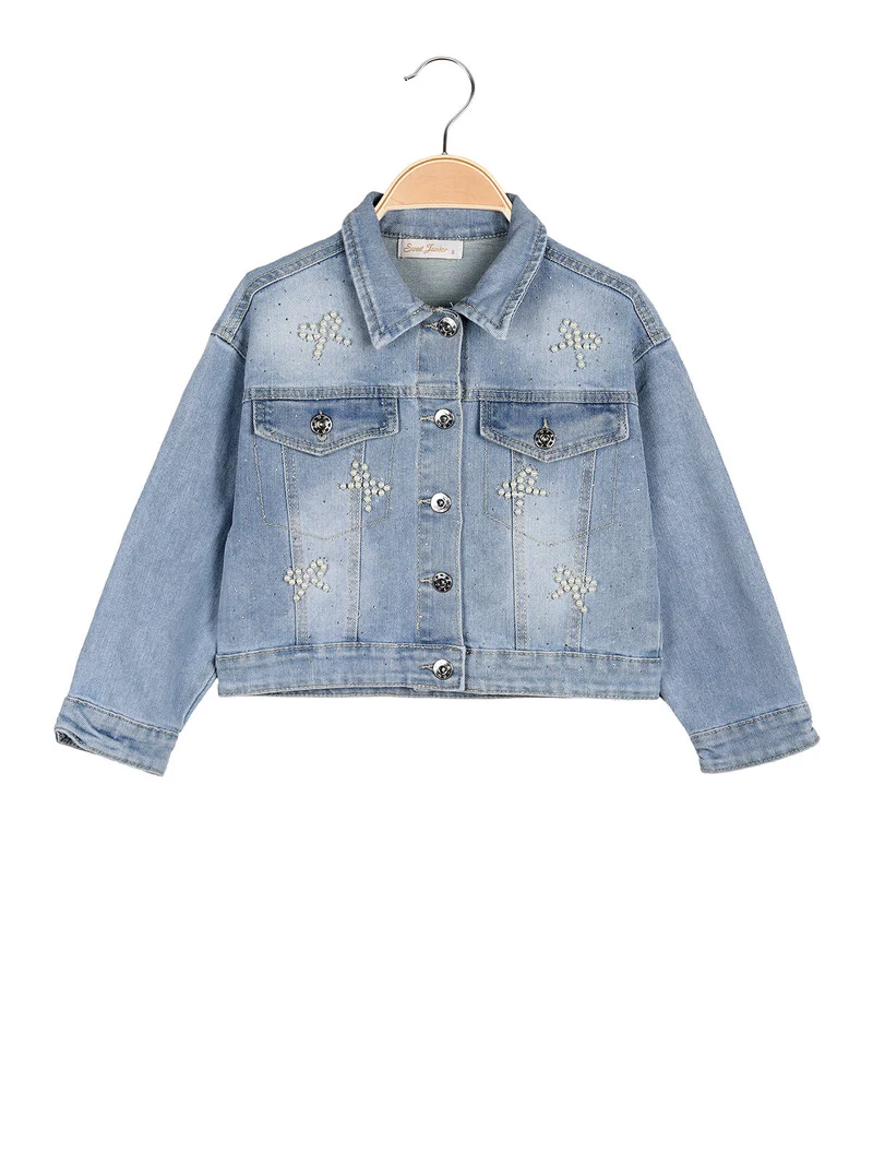 Giacca cropped da bambina in jeans con perle e strass - jeans