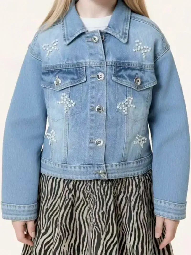 Giacca cropped da bambina in jeans con perle e strass - jeans