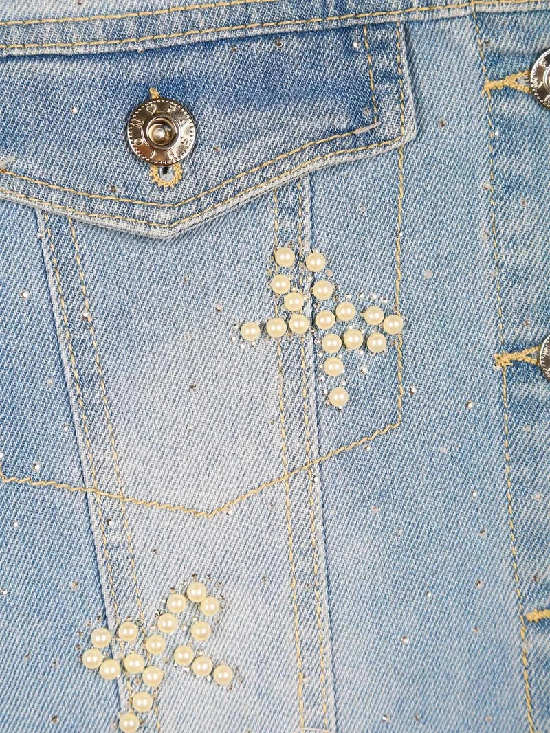 Giacca cropped da bambina in jeans con perle e strass - jeans
