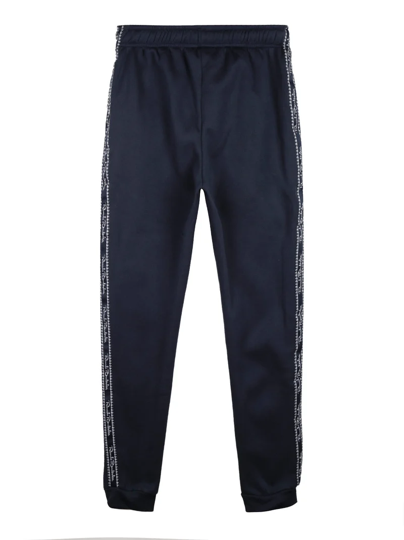 Pantaloni tuta da ragazzo felpati con striscia laterale - blu scuro
