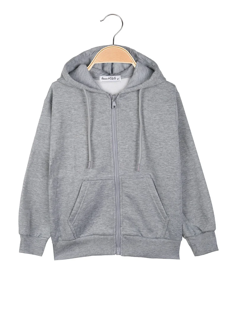Felpa da ragazzi full zip con cappuccio e interno felpato - grigio