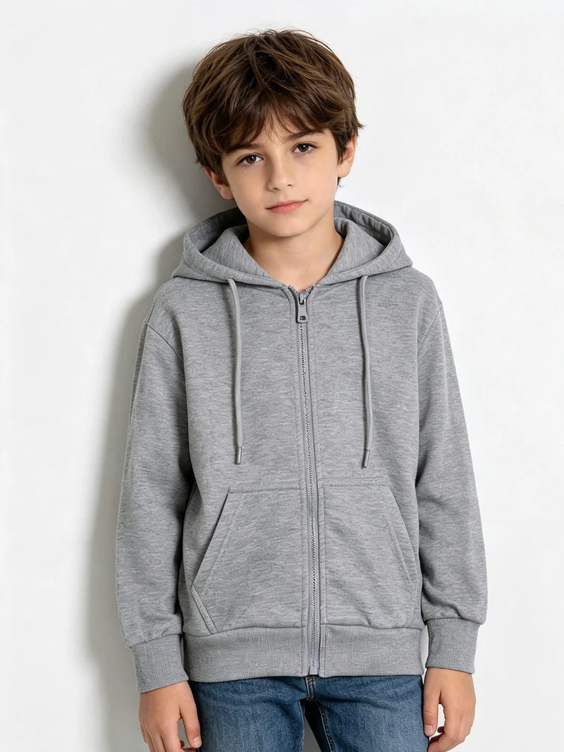 Felpa da ragazzi full zip con cappuccio e interno felpato - grigio