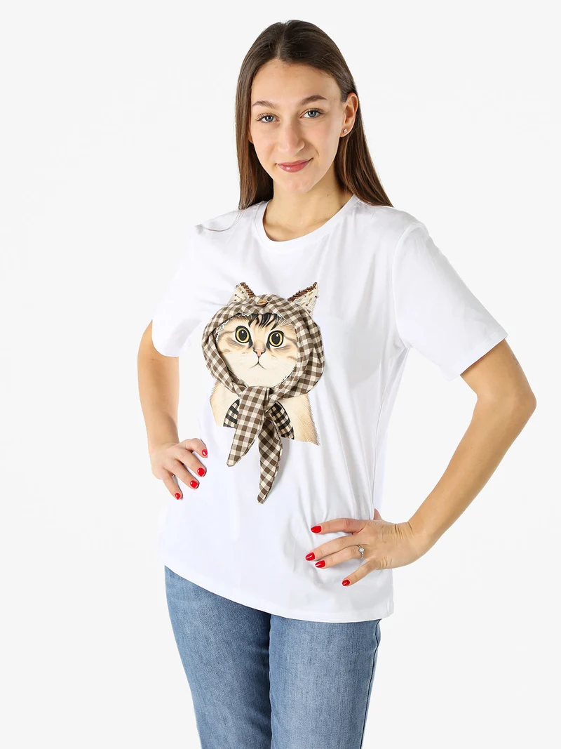 T-shirt donna con stampa gatto - bianco