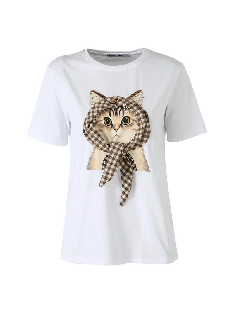T-shirt donna con stampa gatto - bianco