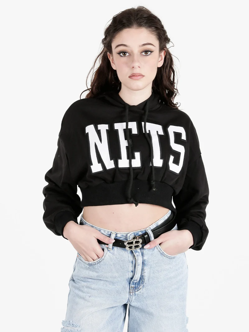 Felpa cropped da donna con cappuccio - nero