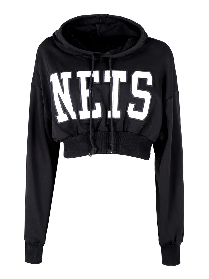 Felpa cropped da donna con cappuccio - nero