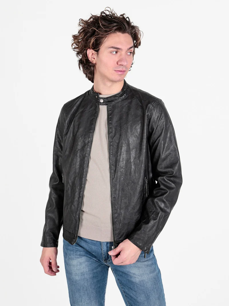 Giacca in ecopelle da uomo con zip - nero